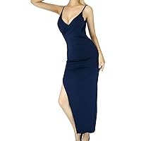 V-Neck Sexy Slim Back Slit Halter Dress Pullover Solid Color Long Sleeveless Dress (Navy,L)