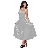 Women Sexy Beach Holiday Party Robe Leather PVC Maxi Dress Halter V-Neck Open Back Sleevelesss Dresses Party Outfits S-7XL