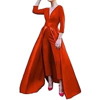 Women's Long Sleeve Satin Jumpsuits Prom Dress Removable Waist Cape Ball Gowns