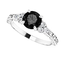 Love Band 3 CT Cherry Blossom Black Engagement Ring 14k White Gold, Sakura Black Diamond Ring, Floral Black Onyx Diamond Ring, Flower Black Diamond Ring, Fancy Ring For Her