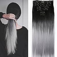 Ombre Straight Clip in Hair Extensions 22 Inches 6PCS Full Head Black Gray Hairpieces for Women Girls Gift (Straight，22 inch, Natural black to gray)
