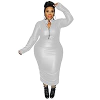 Women PU Leather Long Sleeve Bodycon Dress Sexy Turtle Neck Front Zipper Casual Pencil SkirtPlay Cosplay Uniform 7XL (4X-Large,Silver,4X-Large)