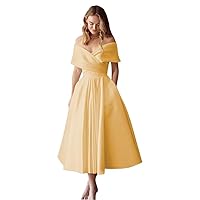 Satin Off Shoulder Bridal Gowns Ruched A Line Ball Gown Tea Length with Pockets Formal Wedding Dresses
