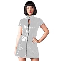 Shiny PVC Short Sleeve Tight Mini Dress Sexy Faux Leather Cutout Zipper Bodycon Dress for Womens Wet Look Dress Club Dress