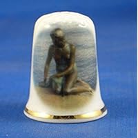 Porcelain China Collectable Thimble - Little Mermaid Statue Copenhagen Denmark with Domed Box
