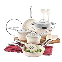Gotham Steel Hammered 15 Pc Ceramic Pots and Pans Set Non Stick, Kitchen Cookware Sets, Pot and Pan Set, Ceramic Cookware Set Non Toxic, Non Stick Pots and Pan Set Dishwasher Safe, Cream White…