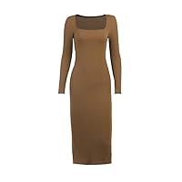 通用 Long Sleeve Ankle-Length Dress for Woman Square Collar Knit Women Sexy Elegant Causal Solid Maxi Dresses Brown