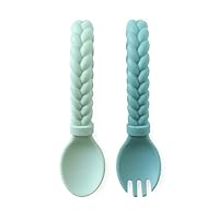Silicone Spoon & Fork Set; Baby Utensil Set Features A Fork and Spoon with Looped, Braided Handles; Made of 100% Food Grade Silicone & BPA-Free; Ages 6 Months and Up, Mint