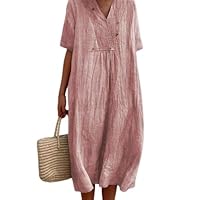 Linen Dress for Women Summer V Neck Linen Midi Dress Loose Half Sleeve Solid Linen Dresses