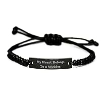 Motivational Welder Gifts, My Heart Belongs to a Welder, Fancy Black Rope Bracelet for Men Women from Coworkers
