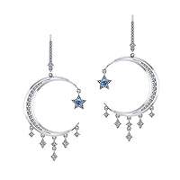 Moon & Star Chandelier Drop Dangle Earrings With Created Blue Topaz 14K White Gold Finish