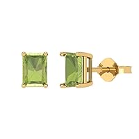 2.0 ct Emerald Cut Solitaire Natural Green Peridot Pair of Stud Everyday Earrings Solid 18K Yellow Gold Butterfly Push Back