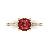 Clara Pucci 1.61ct Round Cut Solitaire Natural Scarlet Red Garnet designer Modern Statement with accent Ring Solid 14k Yellow Gold
