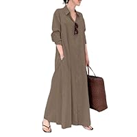 Womens Linen Button Down Elegant Maxi Dress Cotton Loose Floral Print Plaid Long Lapel Shirtdress(with Pockets)