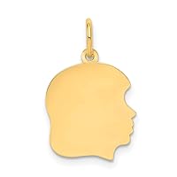 Solid 14k Yellow Gold Plain Medium .011 Gauge Facing Right Girl Head Customize Personalize Engravable Charm Pendant Jewelry Gifts For Women or Men (Length 0.86