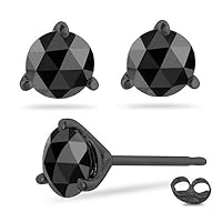 Round Rose Cut Black Diamond Stud Three Prong Earrings AA Quality in 14K Blackened White Gold Available in Small to Large Sizes
