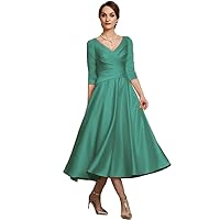 Women's V Neck 3/4 Sleeve Evening Dresses Tea Length Formal Party Gowns