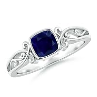 Bezel Set Cushion Shape Blue Sapphire Art Deco Band Ring 925 Sterling Silver September Birthstone Gemstone Jewelry Wedding Engagement Women Birthday Gift
