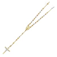 14k Yellow Gold White Gold and Rose Gold 4mm Celestial Moon Ball Rosary Necklace 20 Inch Jewelry for Women