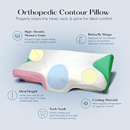 SUTERA - Contour Memory Foam Pillow for Sleeping, Orthopedic Cervical Support for Neck, Shoulder and Back Pain Relief, Ergonomic Pillow for Side, Back and Stomach Sleepers, Washable Cover - White