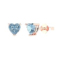 1.50 ct Heart Cut Solitaire Natural Aquamarine Pair of Stud Everyday Earrings Solid 18K Pink Rose Gold Butterfly Push Back