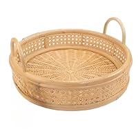 Rattan Round Serving Tray Wicker Woven Bread Basket with Handles (Natural Brown(Small))
