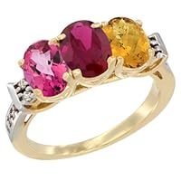 14K Yellow Gold Natural Pink Topaz, Enhanced Ruby & Natural Whisky Quartz Ring 3-Stone Oval 7x5 mm Diamond Accent, Sizes 5-10