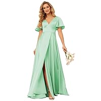 Women's Satin Bridesmaid Dresses V-Neck Long Ruffle Sleeves 2024 A Line Formal Wedding Guest Gown with Slits PRY110