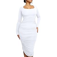 LAGSHIAN Women's Plus Size Sexy Bodycon Long Sleeve Scoop Neck Ruched Basic Midi Party Dress