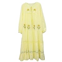 Bohemian Dress Women Summer Embroidered Flowers Cotton O Neck Long Sleeves Loose Casual