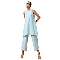 Women's Regular Fit Round Neck Cotton Linen Light Blue Sleeveless Co-Ord Set Dress (Light Blue,2XL)