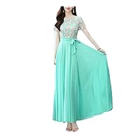 Women Dresses Summer Elegant Round Collar Lace Chiffon Long Length Mid-Calf Dresses