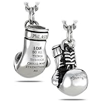 Shields of Strength Men's 14K Gold Plated or Stainless Steel Boxing Glove Necklace Pendant Chain Philippians 4:13 Bible Verse Christian Jewelry Gifts