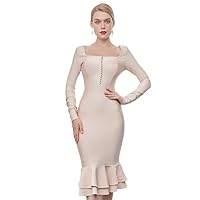 Exclusive Chic Women Evening Gown Dress Beige Square Neck Long Sleeve Bandage Cocktail Dress