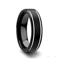 NOCTURNE Black Beveled Tungsten Carbide Band With Polished Grooves And Brushed Finish - 6mm Or 8mm