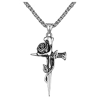 316L Stainless Steel Retro Silver Engraved Stereoscopic Rose Cross Pendant Keel Chain Necklace,28+2.20 Inches