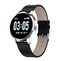 New IP68 Waterproof Fitness Smart Watch Heart Rate Tracker Smartwatch for iPhone Android (Silver - Leather Band)