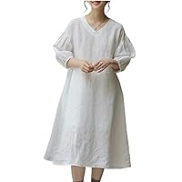 Women Lantern Sleeve Dresses Summer Dress V Neck Solid Sundress Casual Loose Pocket Long Robes