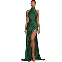 High Neck Satin Bridesmaid Dress for Women 2024 Pleated Mermaid Prom Dresses with Side Split