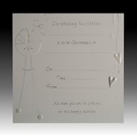 Pack of 10 Christening Bow Luxury Card Invitations with envelopes - White and Silver