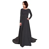 Women's Simple Long Sleeves Satin Prom Dress Round Neck Evening Formal Dress