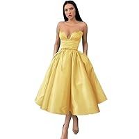 Strapless Midi Prom Dresses for Women 2024 Sweetheart Satin A-Line Evening Party Gowns Formal Tea Length Dresses DR0456