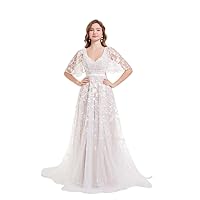 Lace Wedding Dress A Line Short Sleeve Open Back Bridal Dresses Woman's V Neck Beach Boho Wedding Gowns