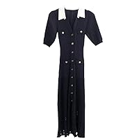 Spring/Summer Women Long Knitted Dress Navy Blue Ankle-Length Collared Button Down Viscose Strecth