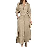 Autumn Plus Size Women Dress Solid Casual V Neck Lapel Long Sleeve Dress Woman Long Skirt Pocket Lady Dresses