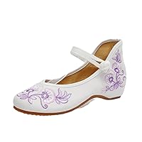 Embroidered Women Loafers Round Toe Ethnic Flower Cloth Shoes Woman Sandals Shoe Ladies Vintage Wedges White 6
