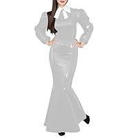 PVC Long Prom Dresses Puff Long Sleeve Glossy Patent Leather Bow O-Neck Maxi Dress Evening Gowns Women Clothing