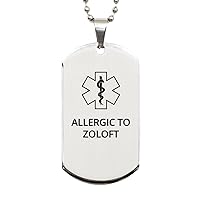 Medical Alert Silver Dog Tag, Allergic to Zoloft Awareness, SOS Emergency Health Life Alert ID Engraved Stainless Steel Chain Necklace For Men Women Kids