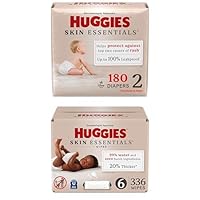 Bundle of Huggies Size 2 Diapers, Skin Essentials Baby Diapers, Size 2 (12-18 lbs), 180 Count (3 Packs of 60) + Huggies Skin Essentials Baby Wipes, 99% Water, 6 Flip Top Packs (336 Wipes Total)
