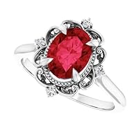 Vintage Oval Ruby Ring 10k White Gold 3 CT Victorian Genuine Ruby Diamond Ring, Antique Red Ruby Engagement Ring, July Birthstone Ring